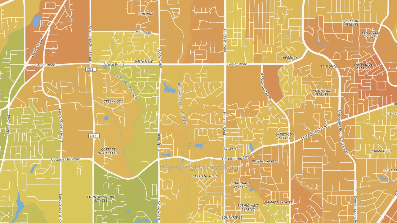 Map of the best neighborhoods in the Overton, Mobile area, with better matches in green and worse matches in red