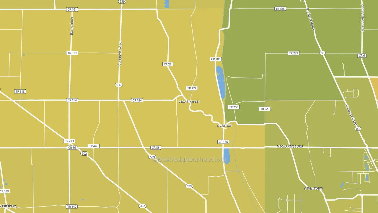 Map of the best neighborhoods in the Overton area, with better matches in green and worse matches in red