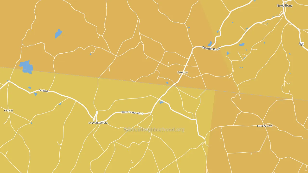 Map of the best neighborhoods in the Overton area, with better matches in green and worse matches in red