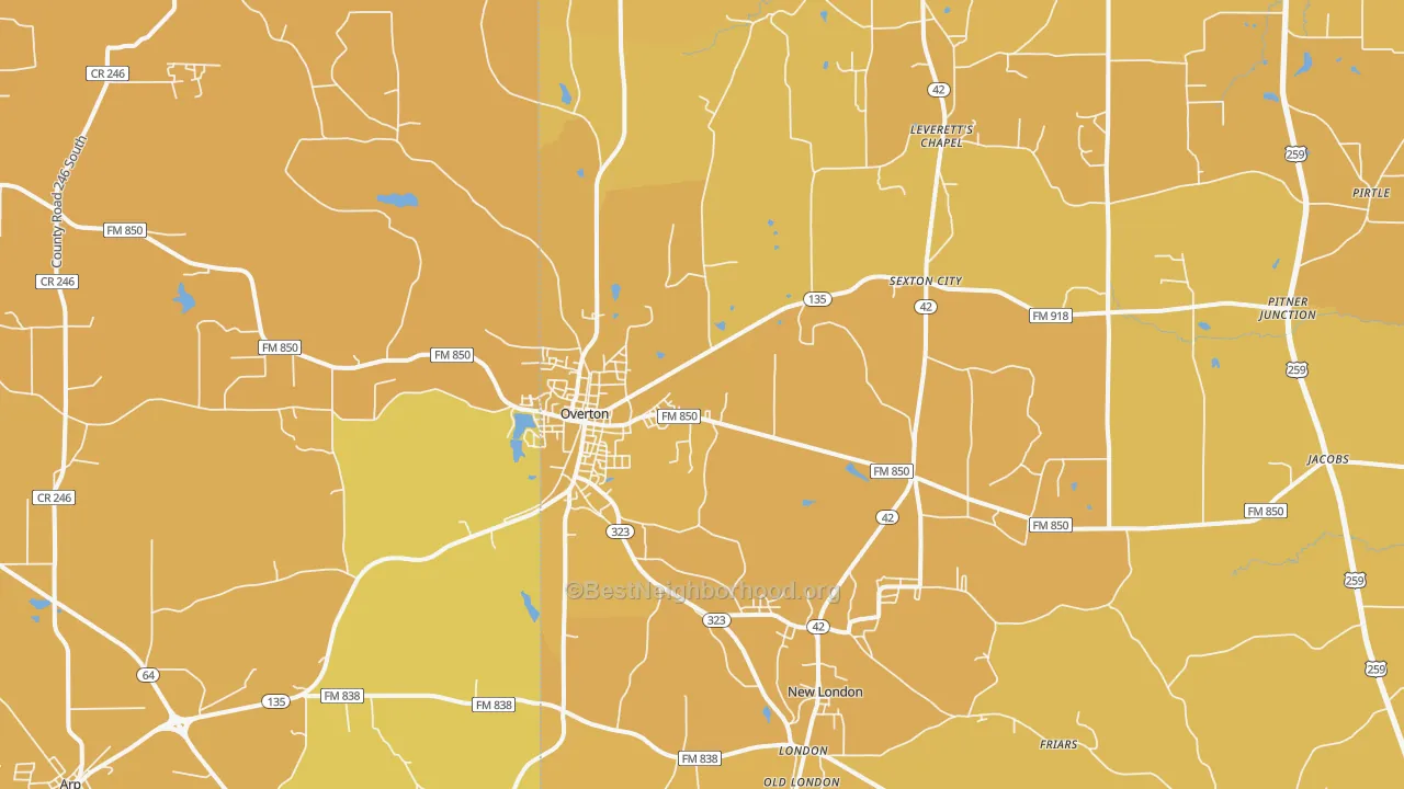 Map of the best neighborhoods in the Overton area, with better matches in green and worse matches in red