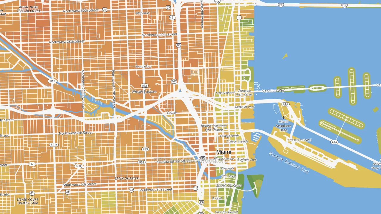 Map of the best neighborhoods in the Overtown, Miami area, with better matches in green and worse matches in red