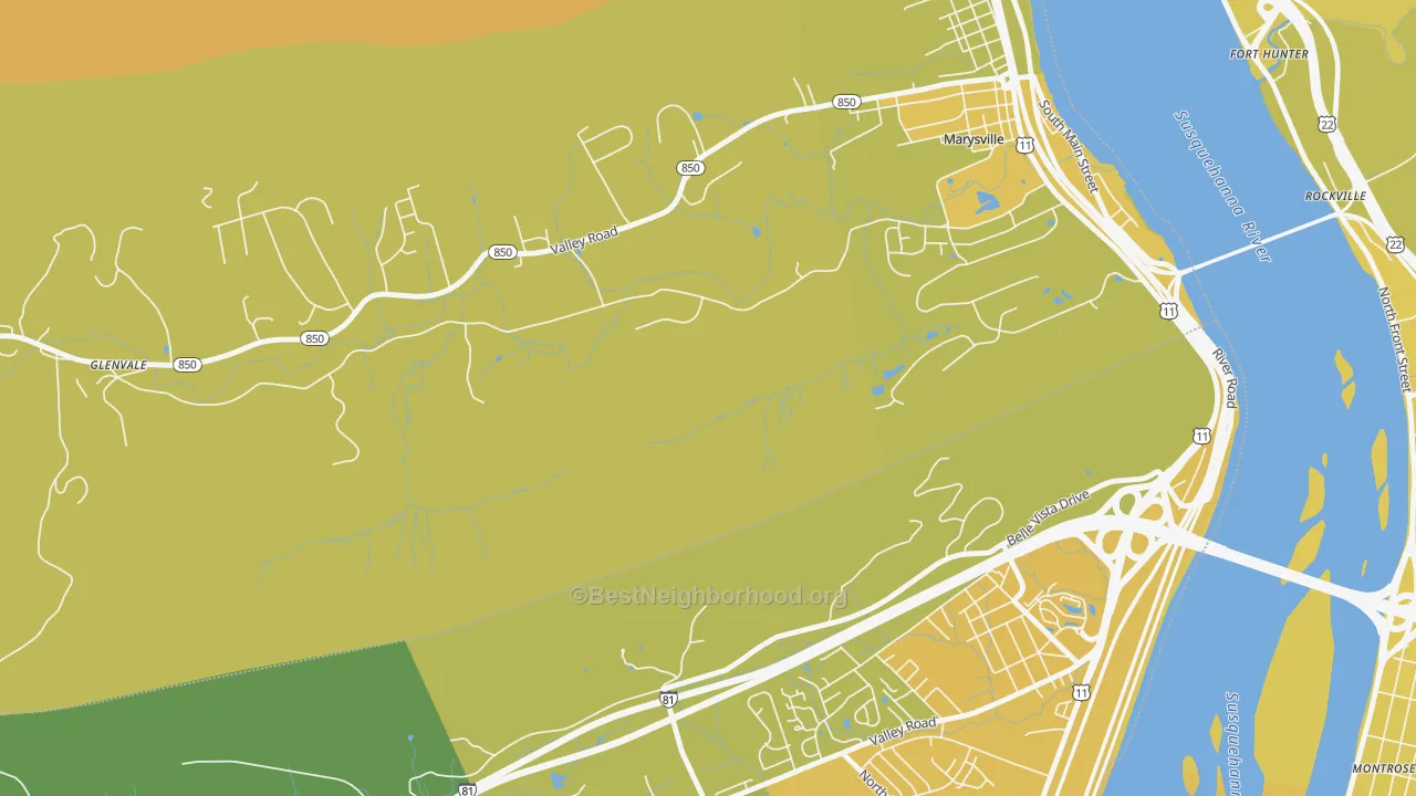 Map of the best neighborhoods in the Overview area, with better matches in green and worse matches in red