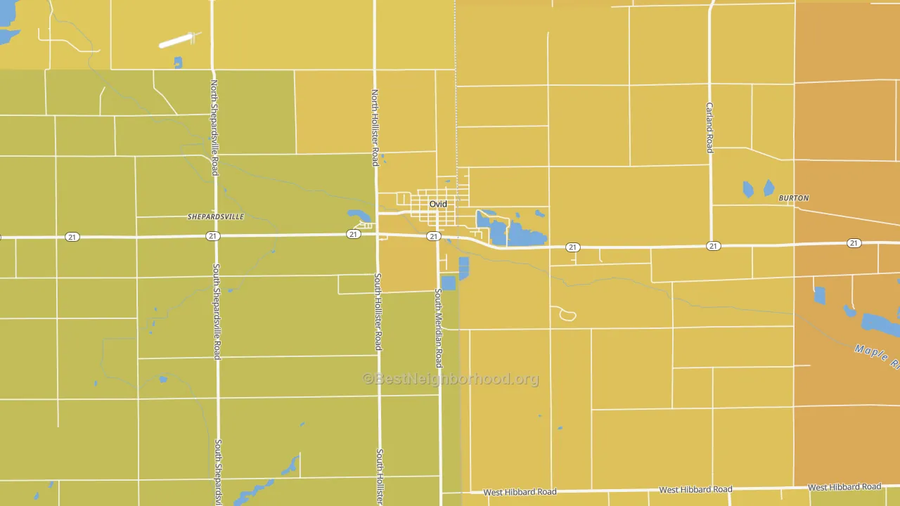 Map of the best neighborhoods in the Ovid area, with better matches in green and worse matches in red