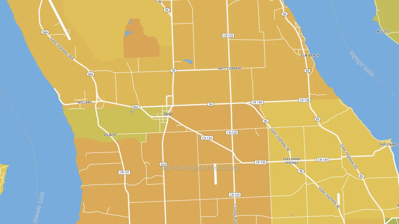 Map of the best neighborhoods in the Ovid area, with better matches in green and worse matches in red
