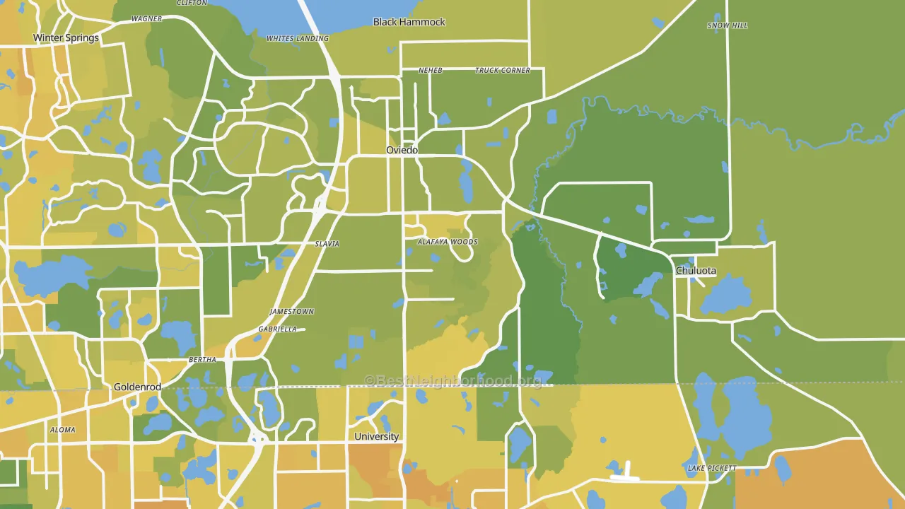Map of the best neighborhoods in the Oviedo area, with better matches in green and worse matches in red