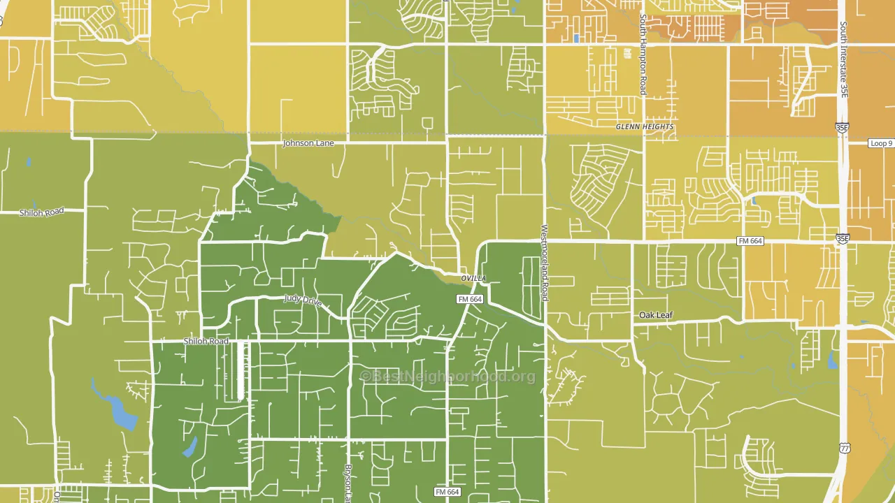 Map of the best neighborhoods in the Ovilla area, with better matches in green and worse matches in red