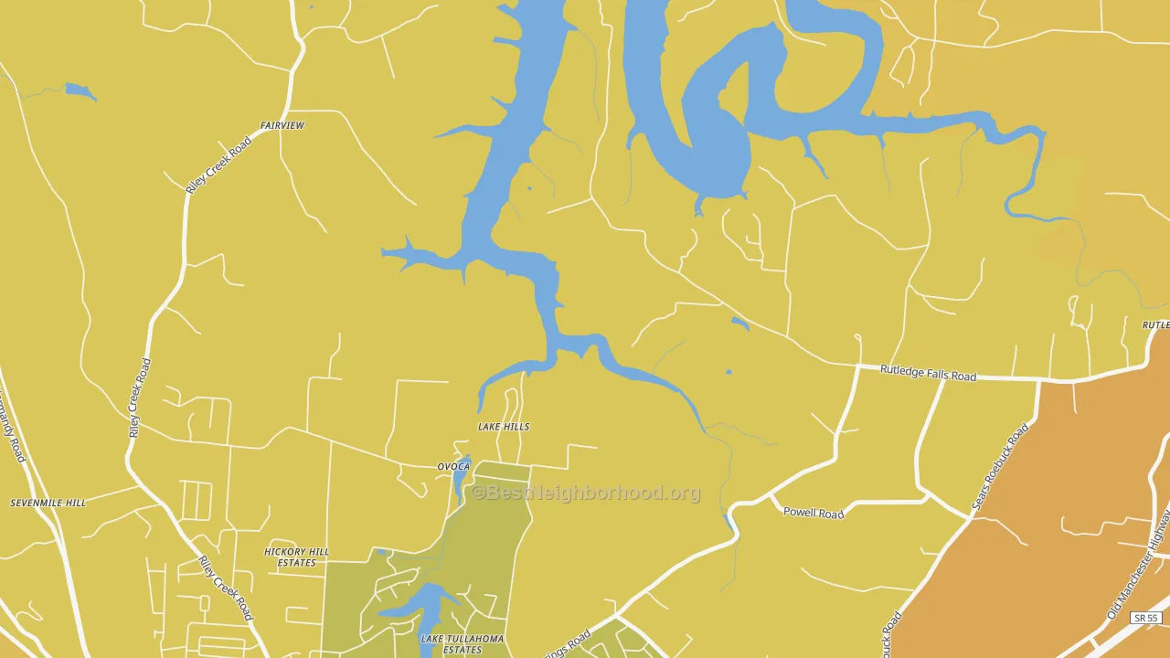 Map of the best neighborhoods in the Ovoca area, with better matches in green and worse matches in red