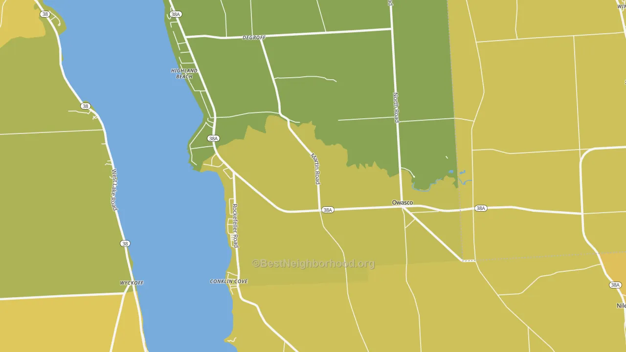 Map of the best neighborhoods in the Owasco area, with better matches in green and worse matches in red