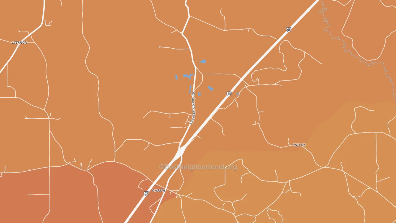Map of the best neighborhoods in the Owassa area, with better matches in green and worse matches in red