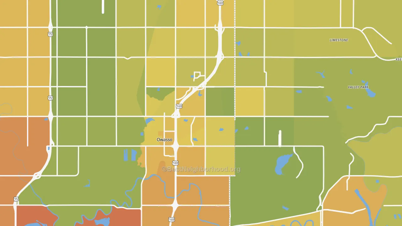 Map of the best neighborhoods in the Owasso area, with better matches in green and worse matches in red