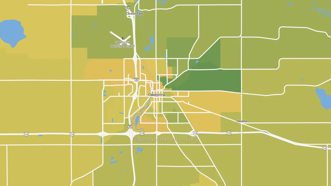 Map of the best neighborhoods in the Owatonna area, with better matches in green and worse matches in red