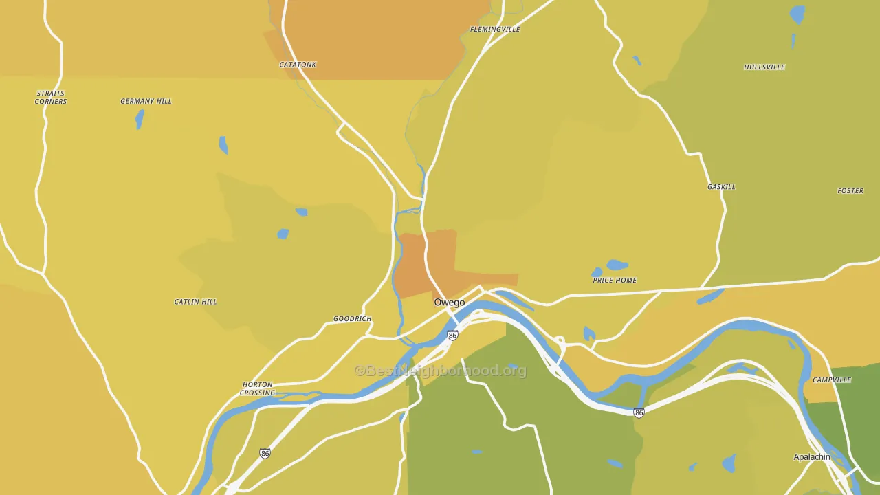 Map of the best neighborhoods in the Owego area, with better matches in green and worse matches in red