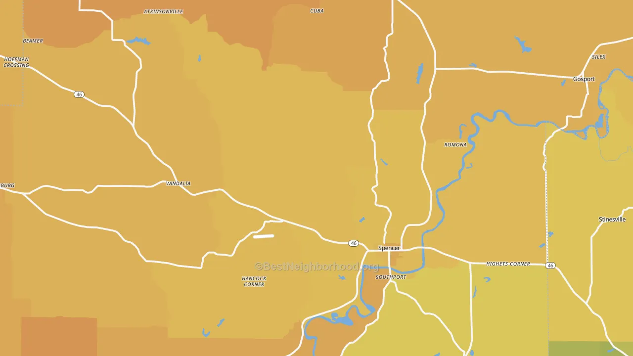 Map of the best neighborhoods in the Owen County area, with better matches in green and worse matches in red