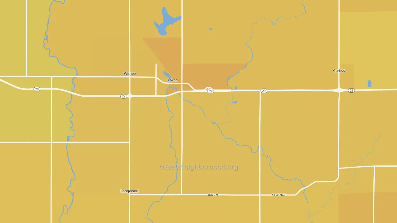 Map of the best neighborhoods in the Owen area, with better matches in green and worse matches in red