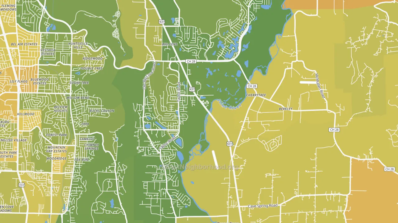 Map of the best neighborhoods in the Owens Cross Roads area, with better matches in green and worse matches in red