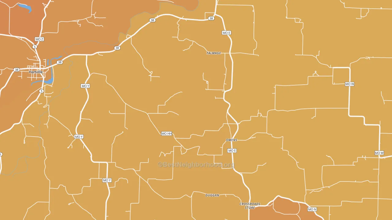 Map of the best neighborhoods in the Owens area, with better matches in green and worse matches in red