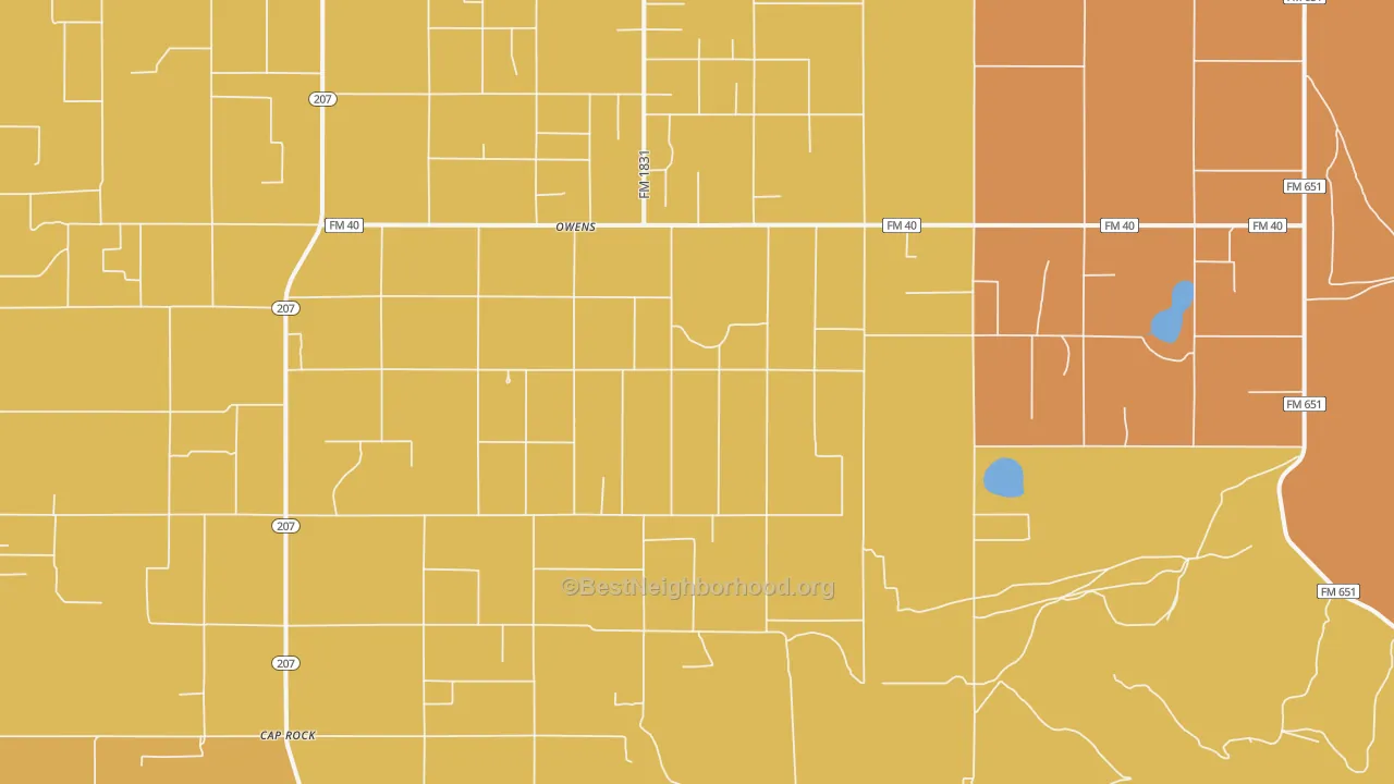 Map of the best neighborhoods in the Owens area, with better matches in green and worse matches in red