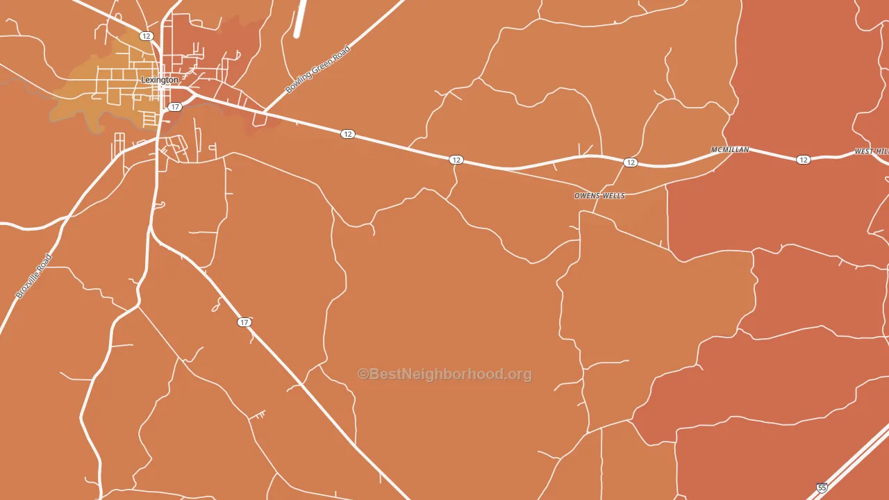 Map of the best neighborhoods in the Owens Wells area, with better matches in green and worse matches in red