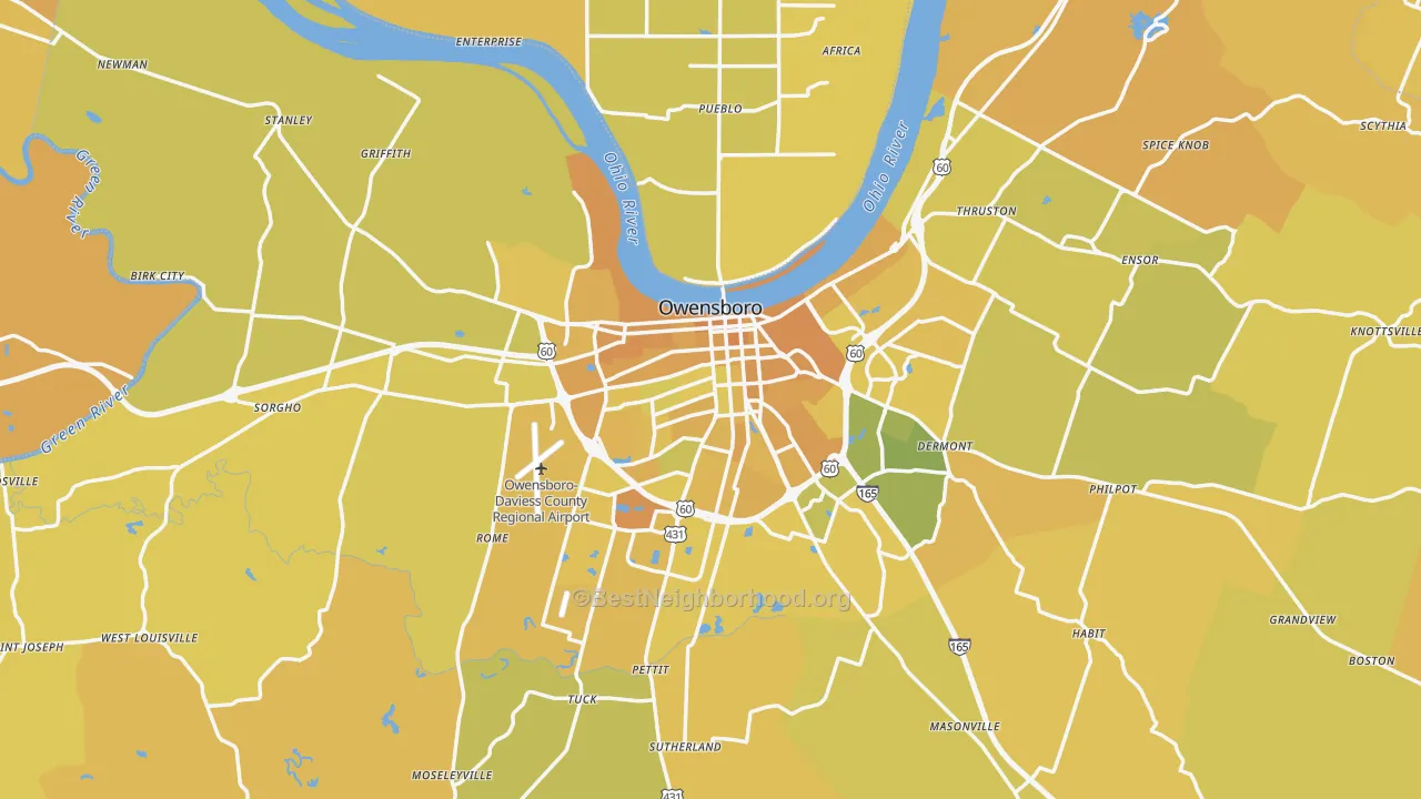 Map of the best neighborhoods in the Owensboro Metro area, with better matches in green and worse matches in red