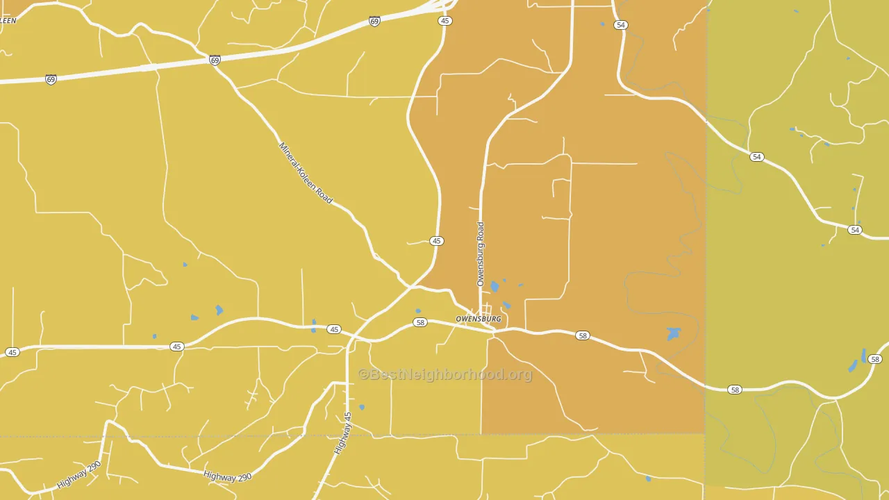 Map of the best neighborhoods in the Owensburg area, with better matches in green and worse matches in red