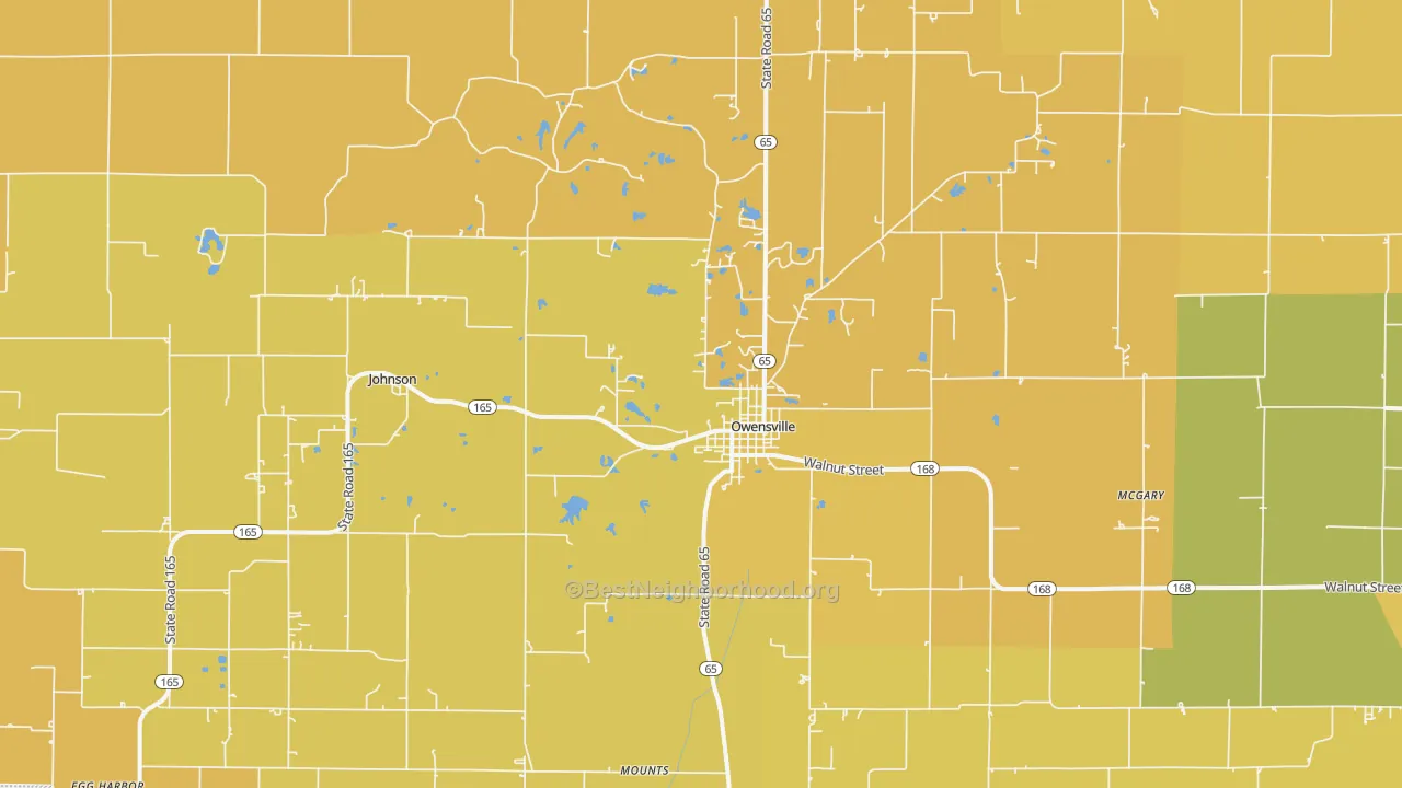 Map of the best neighborhoods in the Owensville area, with better matches in green and worse matches in red