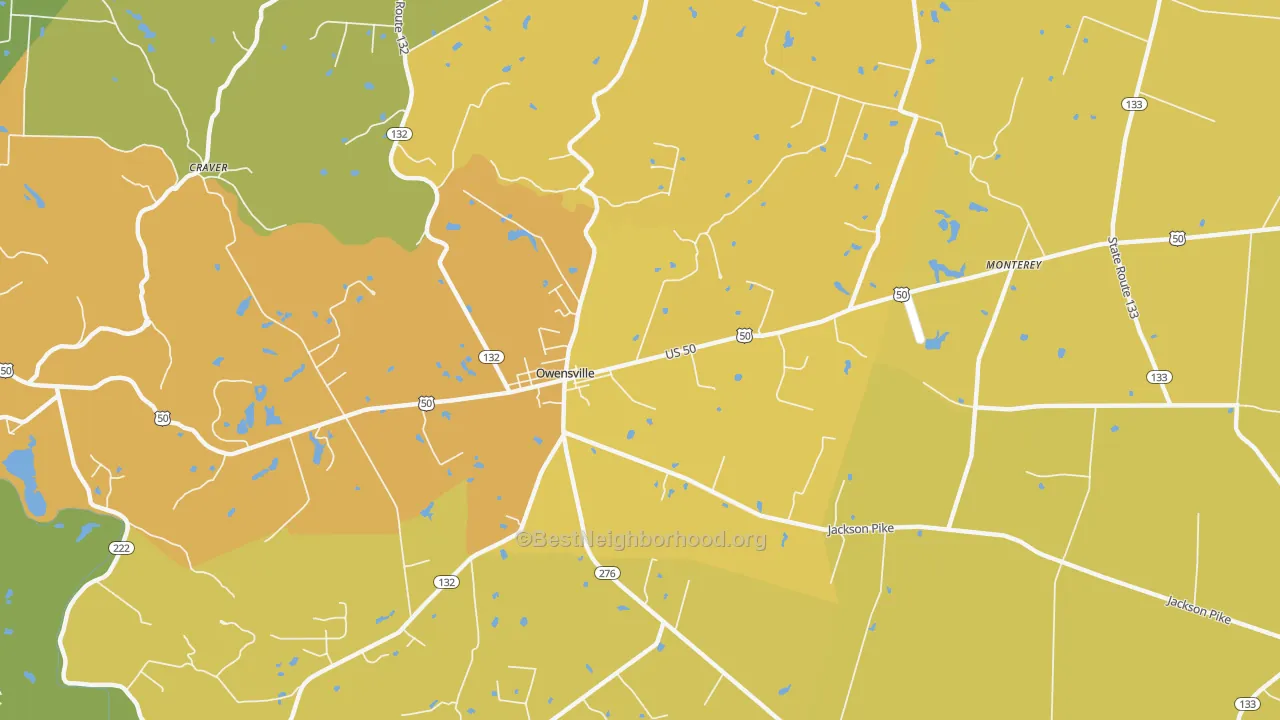 Map of the best neighborhoods in the Owensville area, with better matches in green and worse matches in red