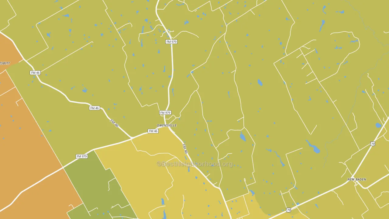 Map of the best neighborhoods in the Owensville area, with better matches in green and worse matches in red