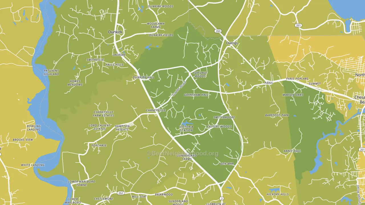Map of the best neighborhoods in the Owings area, with better matches in green and worse matches in red