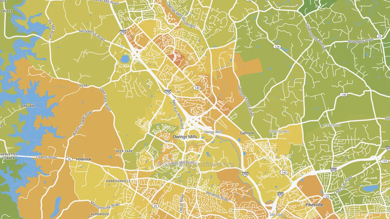 Map of the best neighborhoods in the Owings Mills area, with better matches in green and worse matches in red