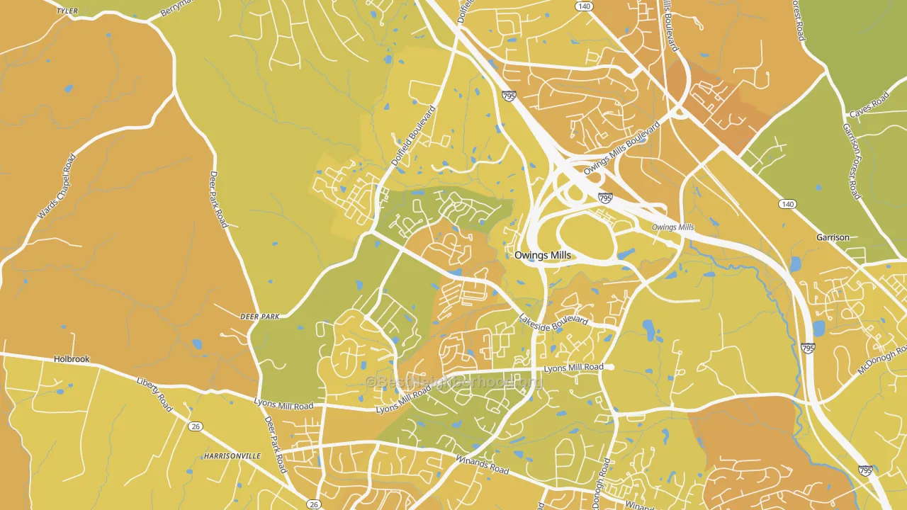 Map of the best neighborhoods in the Owings Mills New Town, Owings Mills area, with better matches in green and worse matches in red
