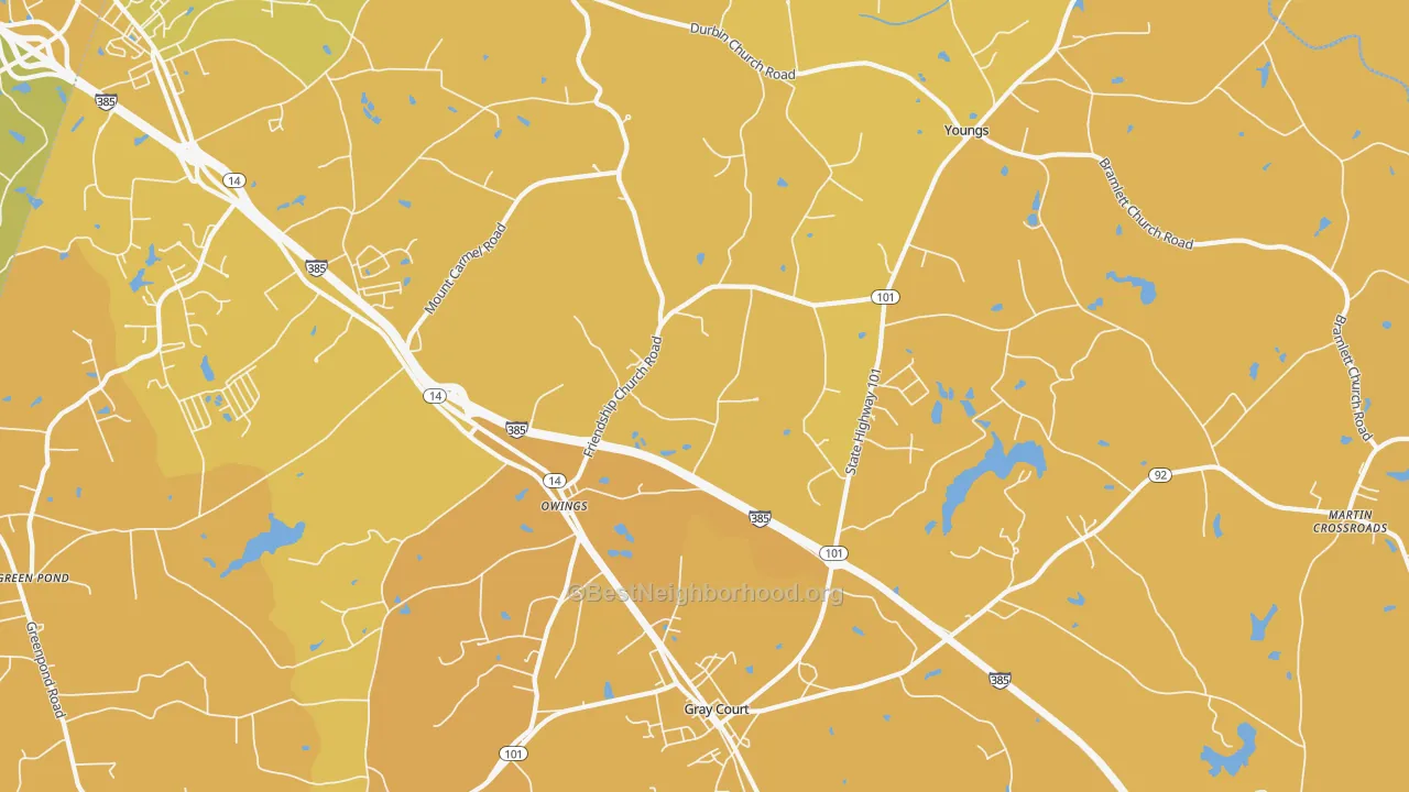 Map of the best neighborhoods in the Owings area, with better matches in green and worse matches in red