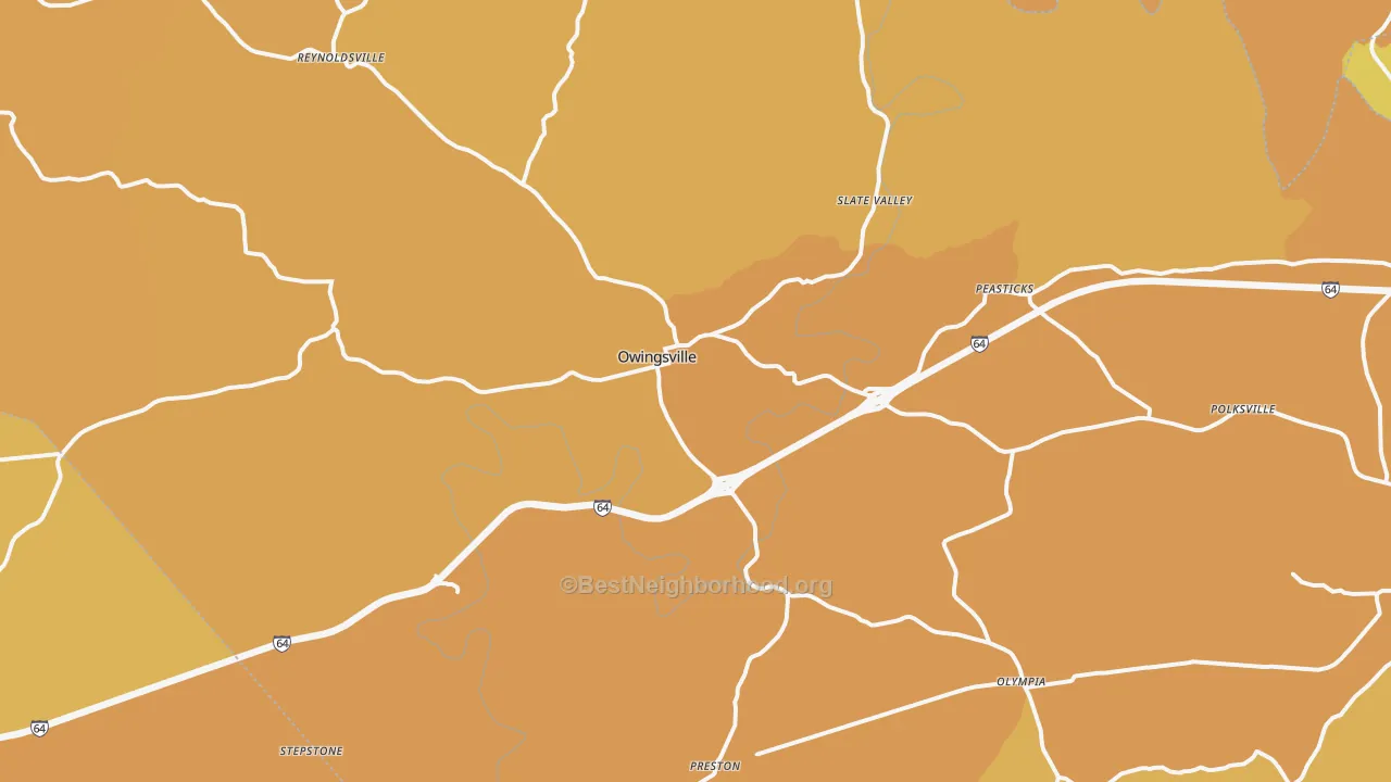 Map of the best neighborhoods in the Owingsville area, with better matches in green and worse matches in red