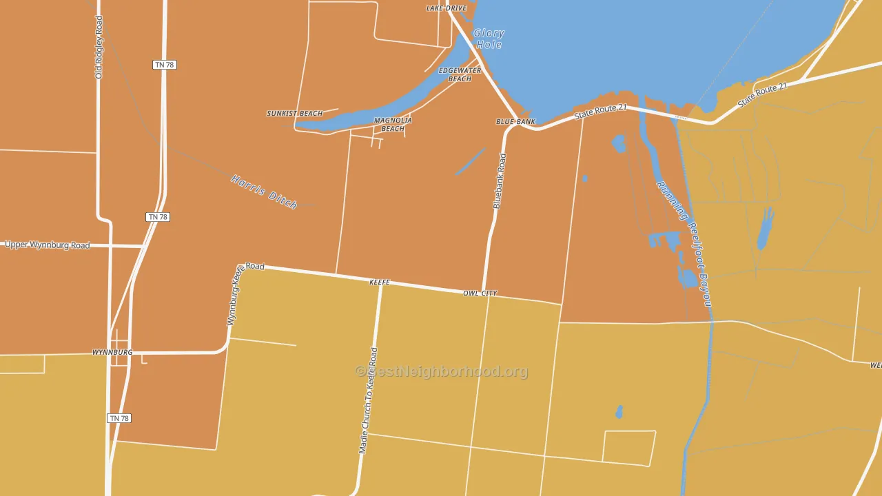 Map of the best neighborhoods in the Owl City area, with better matches in green and worse matches in red