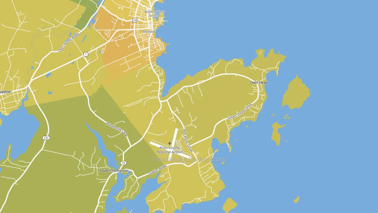 Map of the best neighborhoods in the Owls Head area, with better matches in green and worse matches in red