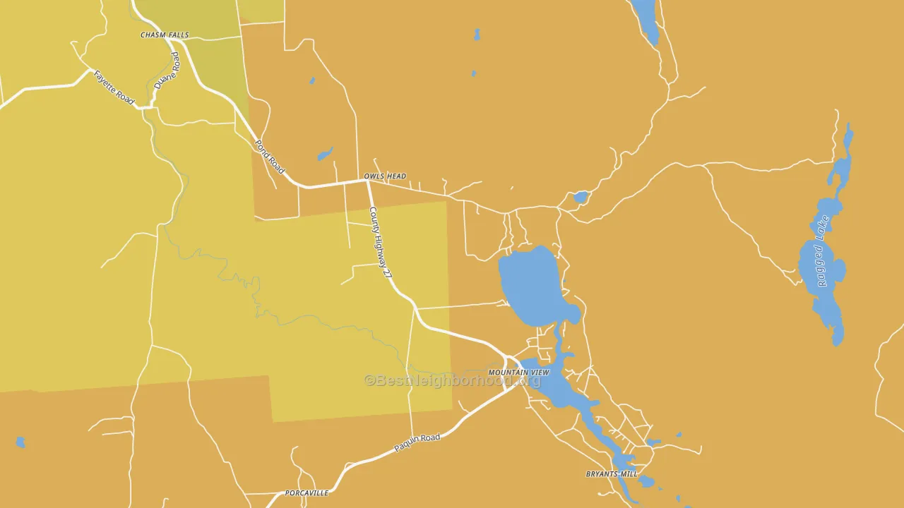 Map of the best neighborhoods in the Owls Head area, with better matches in green and worse matches in red