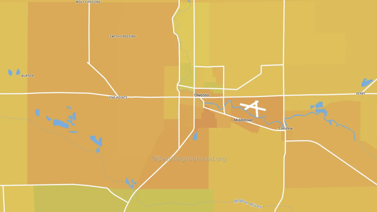 Map of the best neighborhoods in the Owosso area, with better matches in green and worse matches in red