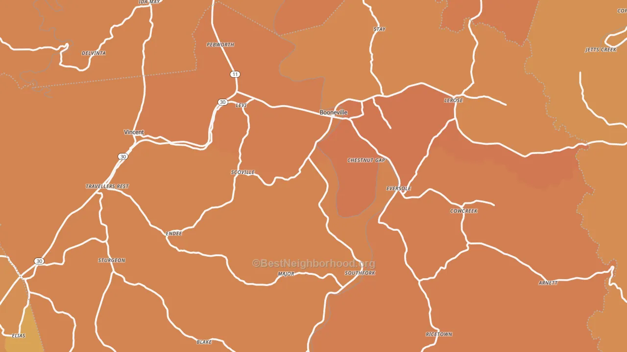 Map of the best neighborhoods in the Owsley County area, with better matches in green and worse matches in red