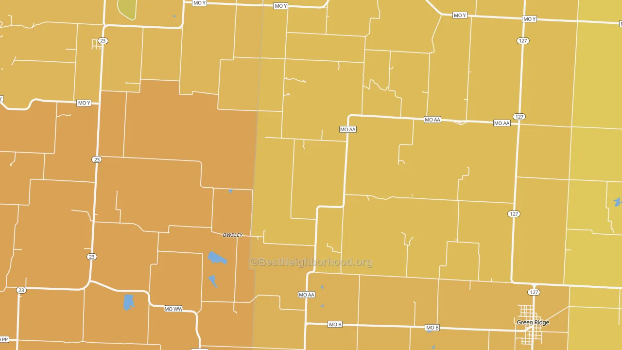 Map of the best neighborhoods in the Owsley area, with better matches in green and worse matches in red