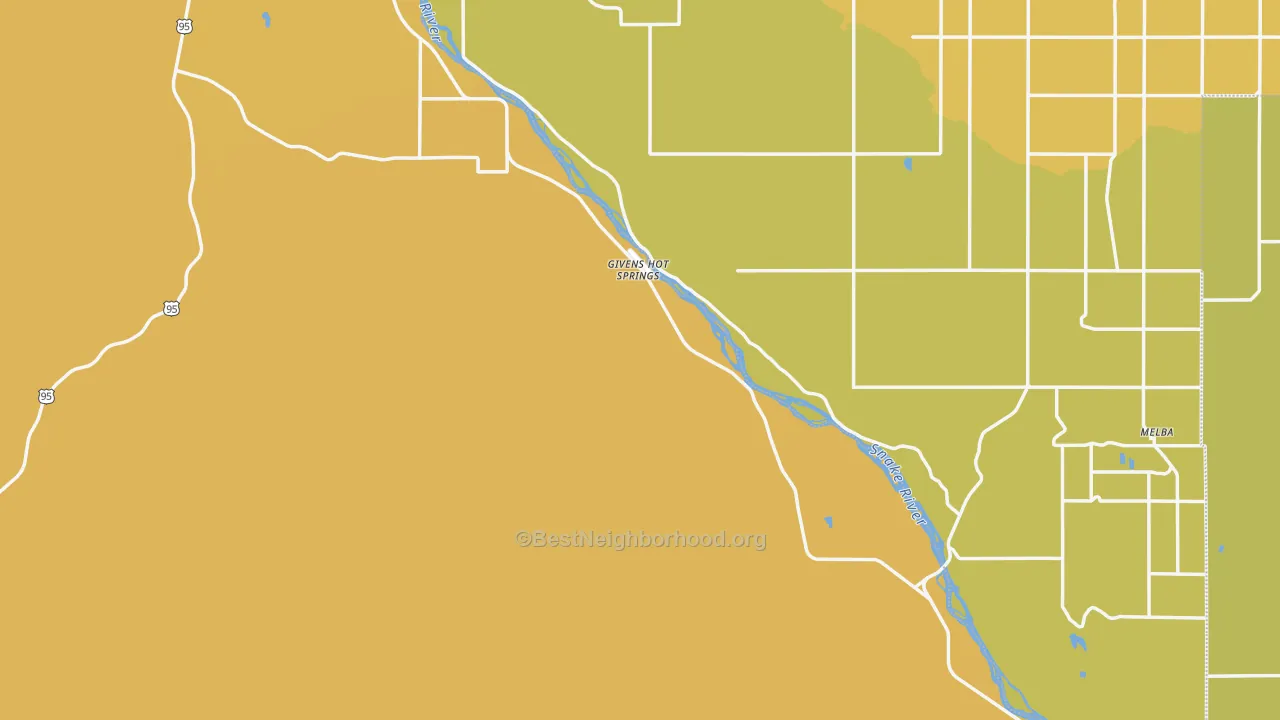 Map of the best neighborhoods in the Owyhee County area, with better matches in green and worse matches in red