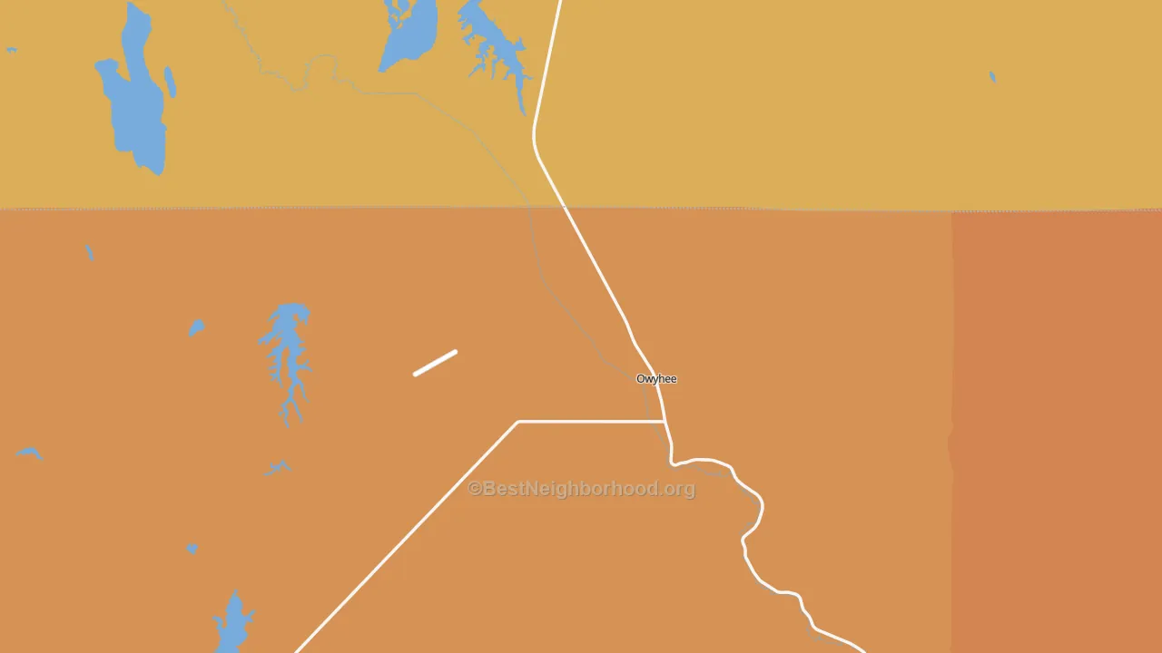 Map of the best neighborhoods in the Owyhee area, with better matches in green and worse matches in red