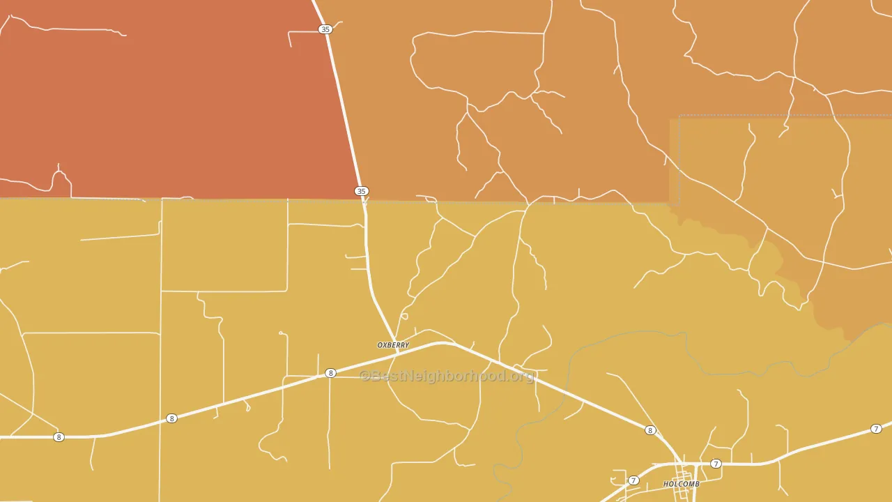 Map of the best neighborhoods in the Oxberry area, with better matches in green and worse matches in red