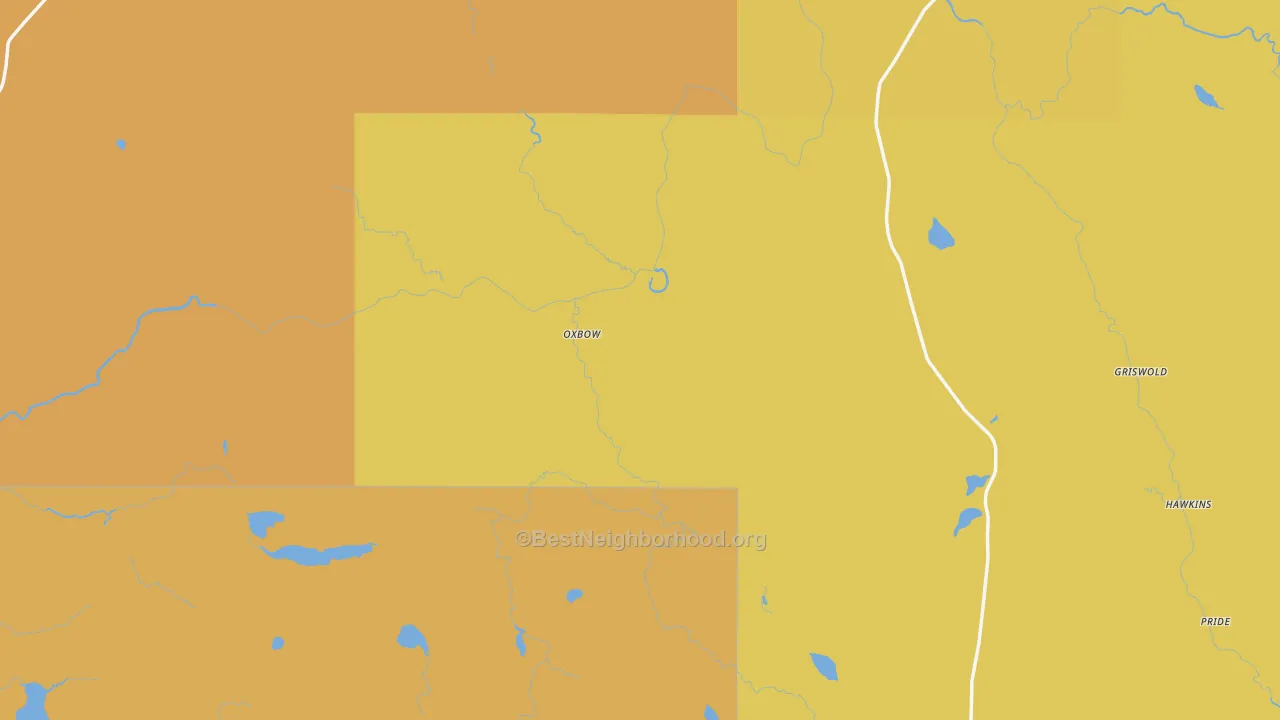 Map of the best neighborhoods in the Oxbow area, with better matches in green and worse matches in red