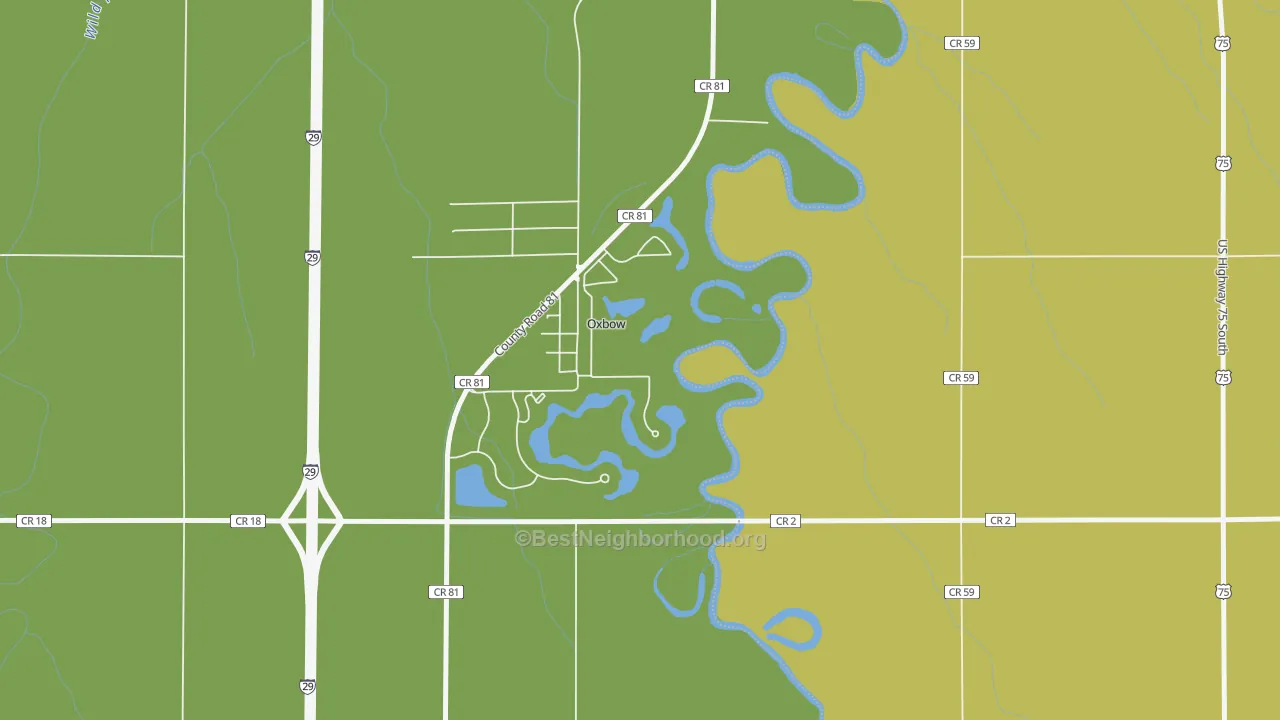 Map of the best neighborhoods in the Oxbow area, with better matches in green and worse matches in red