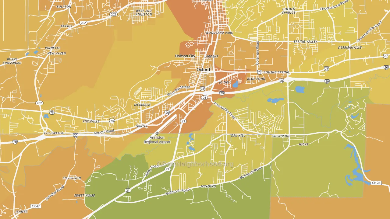 Map of the best neighborhoods in the Oxford area, with better matches in green and worse matches in red