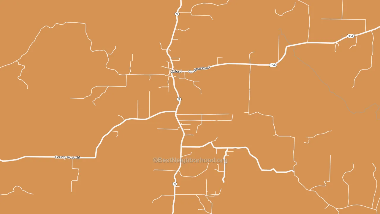 Map of the best neighborhoods in the Oxford area, with better matches in green and worse matches in red