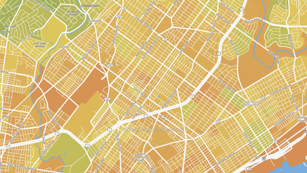 Map of the best neighborhoods in the Oxford Circle, Philadelphia area, with better matches in green and worse matches in red