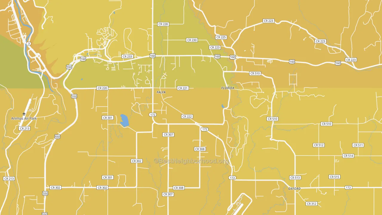 Map of the best neighborhoods in the Oxford area, with better matches in green and worse matches in red