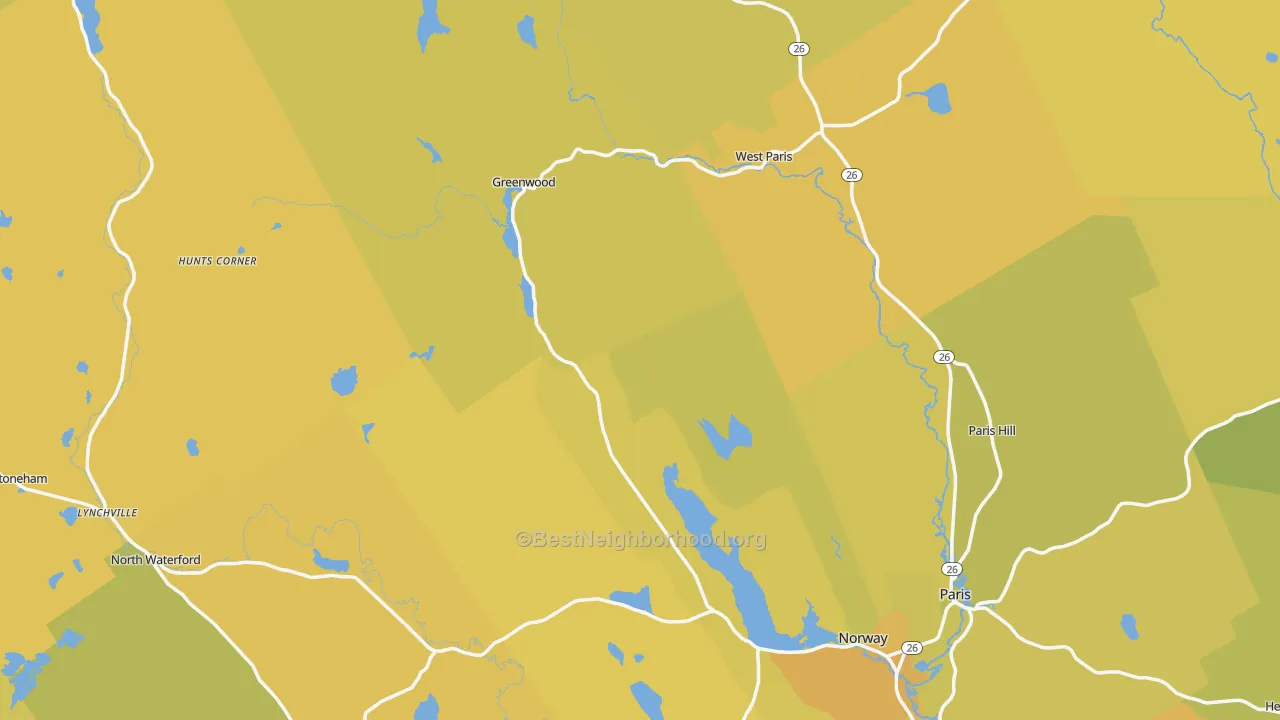 Map of the best neighborhoods in the Oxford County area, with better matches in green and worse matches in red