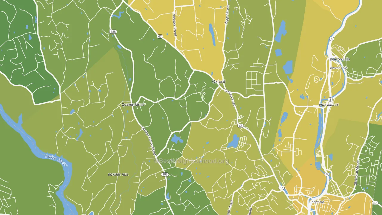 Map of the best neighborhoods in the Oxford area, with better matches in green and worse matches in red