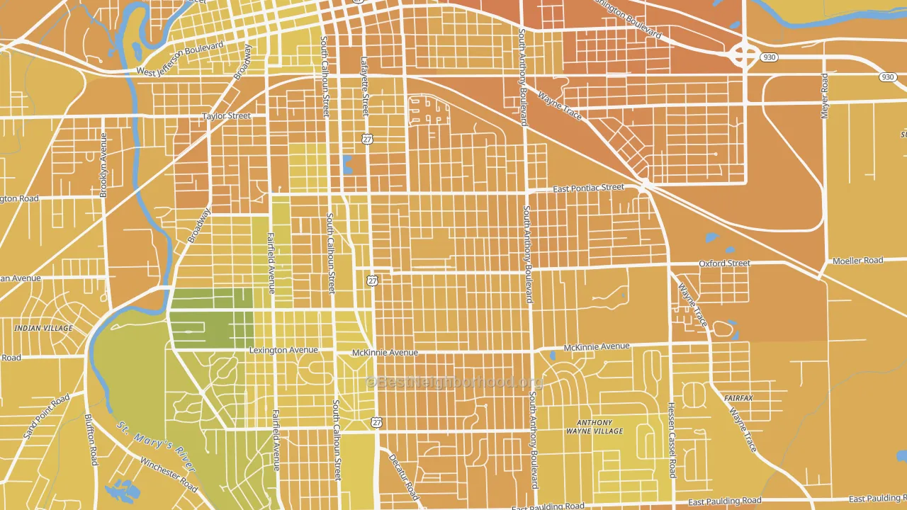 Map of the best neighborhoods in the Oxford, Fort Wayne area, with better matches in green and worse matches in red